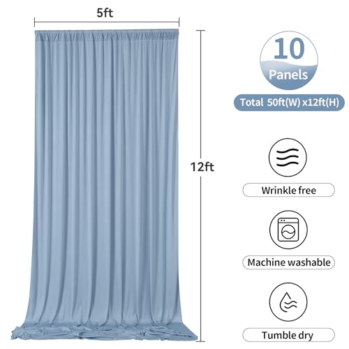 Image of 50ftx12ft Dusty Blue Backdrop Curtains for Parties, Wrinkle Free Polyester Photo Backdrop Drapes 10 Panels 12 ft Long Back Drop Cloth Drapery for Wedding Birthday Photography Background Party