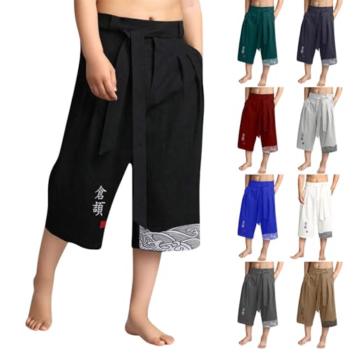 Boys Japanese Kimono Linen Capri Kids Traditional Beach Hakama Pants Wide Leg Loose Harem Pants Cropped Trousers