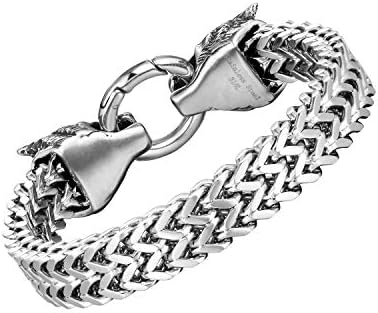 Daringly Bold Mens Biker Bracelet  Foxtail Chain with Wolfs Head Design  Polished Silver Finish  Made of Rust & Discoloration Resistant Stainless Steel  Jewelry Gift or Accessory for Men