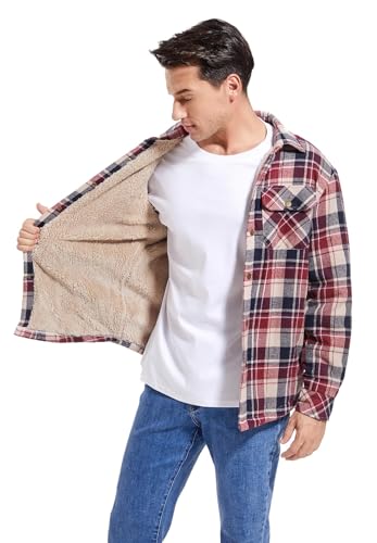 Image of Men's Sherpa Cotton Flannel Shirt Jacket Plaid Button Coat Pocket