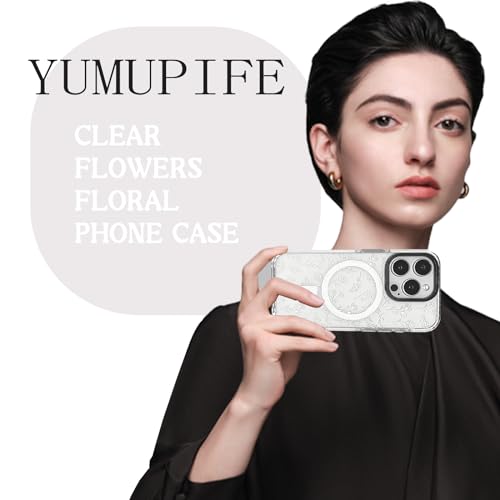 YUMUPIFE Designed for iPhone 15 Case [Compatible with MagSafe] Clear Floral Case Cute White Flowers for Women Girls Soft Silicone Shockproof Anti-Slip Case for iPhone 15 Case-Clear