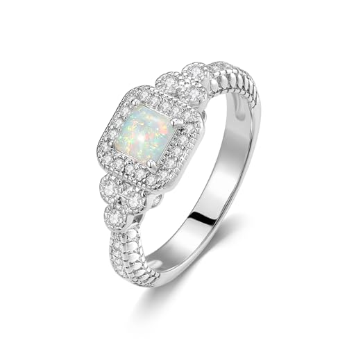 Gnckyer Opal Rings for Women 18K White Gold Plated Cubic