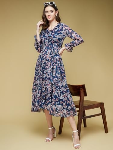 Image of Life with Pockets Women's V-Neck Full Sleeves Polyester Relaxed Fit Midi Length Dress
