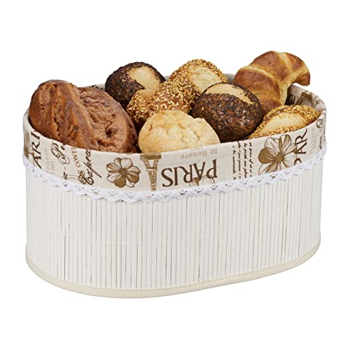 Relaxdays Corbeille de Pain en Bambou, Ovale, Design Paris, Garniture Tissu Amovible, HxLxP : 16 x 34 x 24 cm, Blanc