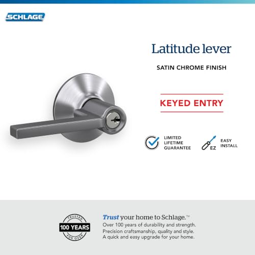Image of SCHLAGE Latitude Keyed Entry Door Handle, Reversible, Satin Chrome | Keyed entry lever door handle with turn-button lock, Easy to install, Certified security & durability, Universal fit, 2 keys