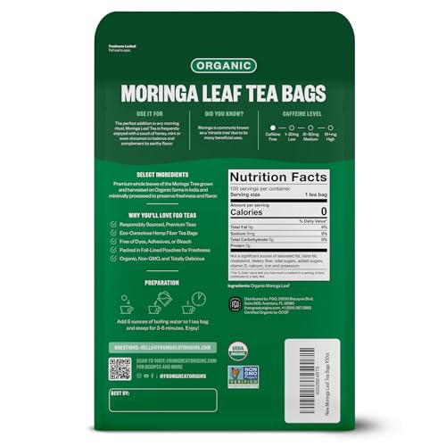 Image of FGO Organic Moringa Tea, 100 Count, Eco-Conscious Tea Bags, Resealable Bag, Caffeine Free, Packaging May Vary (Pack of 1)