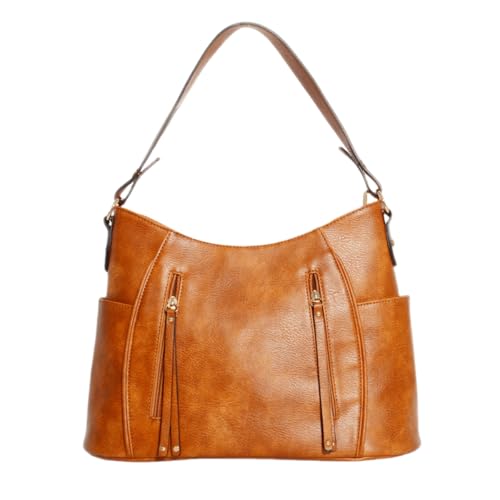 Image of Women Single Shoulder PU Large Capacity Handbag With Zipper And Tassel Retro Tote Bag (Brown)