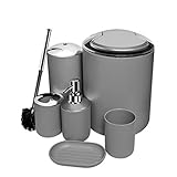 O2 Tech Update 6 Piece Bathroom Accessories Set,Plastic Bath Ensemble Bath Set Lotion Bottles, Toothbrush Holder, Tooth Mug, Soap Dish, Toilet Brush, Trash Can (Grey)