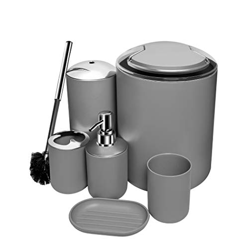 O2 Tech Update 6 Piece Bathroom Accessories Set,Plastic Bath Ensemble Bath Set Lotion Bottles, Toothbrush Holder, Tooth Mug, Soap Dish, Toilet Brush, Trash Can (Grey)