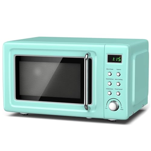 Countertop Retro Microwave Oven, 0.7 Cu Ft Small Microwave with Defrost, 5 Micro Power, 8 Auto-Cooking Set &amp; Child Lock, Compact Microwave w/10 Inch Turntable, 60-min Timer, LED Display, 700W