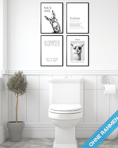 mojoliving Witzige Poster Set 4er Set Wandbilder WC Sprüche Lama Esel Toilette Humor A4 Kunstdrucke schwarz weiß Badezimmer Gäste WC Deko Geschenkidee