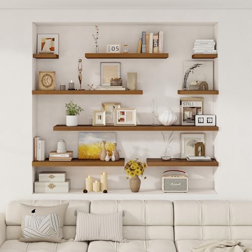Image of Fun Memories 12 Inch Deep Floating Shelves, 16 x 12 Wooden Wall Shelves, Extra Deeper & Thicker Rustic Wall Mounted Storage Shelf for Fireplace, Living Room, Kitchen, Farmhouse, Walnut - 3Pack