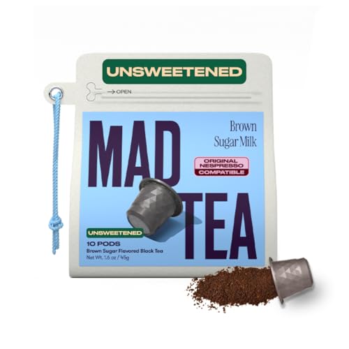 Mad Tea Unsweetened Brown Sugar Milk Tea Powder Pod - Compatible with Original Nespresso - Instant Black Tea - Antioxidant Rich - 100MG Caffeine - 100% Biodegradable - Keto Friendly - 10 Pack