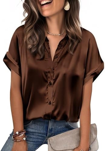Zeagoo Womens Satin Blouse Short Sleeve Silk Tops Button Down Shi...