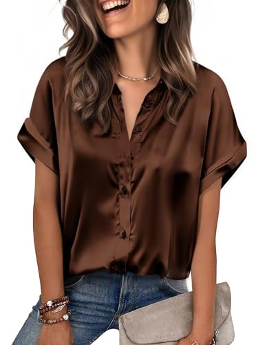 Zeagoo Tops for Women Satin Blouses Silk Button Down Shirts Short Sleeve Business Casual Attire Chocolate Brown