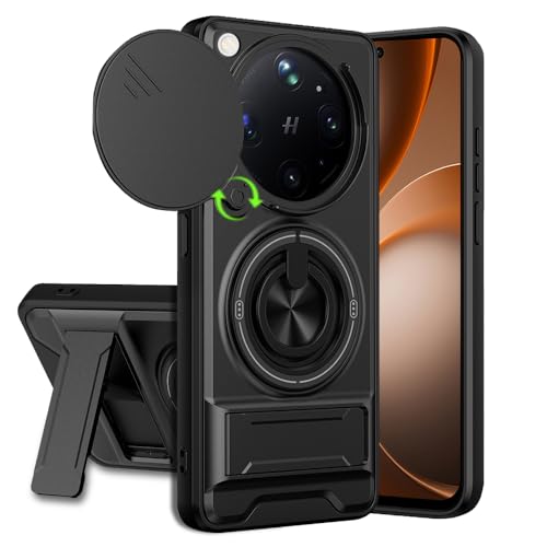 Image of Oppo Find X9 Ultra 5G Back Cover | Armor Camera Slider 360 Degree Rotating Finger Ring Holder Case with Bracket Stand Back Case Cover (Compatible with MagSafe Accessories) (Black)