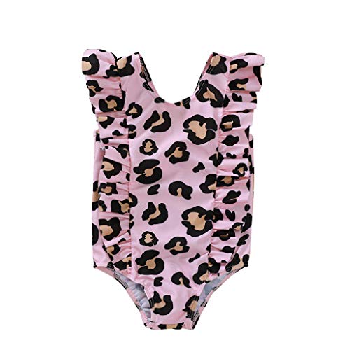Costume da Bagno Estivo Bambina Neonata Costume Intero Rosa Ragazza Bimba Maniche Corte Volanti Bikini Body Stampa Leopardo Body Mare Spiaggia Piscina (0-5anni)