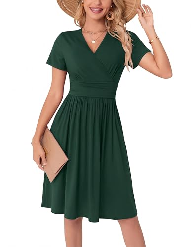 WUWUSKY Sommerkleid Damen Kurzarm V-Ausschnitt Freizeit Kleider A Linie Leicht Casual Dress mit Taschen Strandkleid Rüschen Midikleid Einfarbig A-Linie Kleider Dunkelgrün XXL
