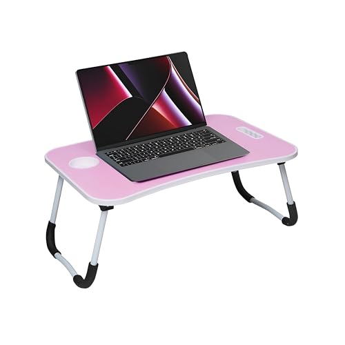 Image of Amazon Basics Engineered Wood Foldable Laptop Table with Cup Holder, Tablet Groove and Mini Drawer (60L x 40W x 26H cm, Pink)