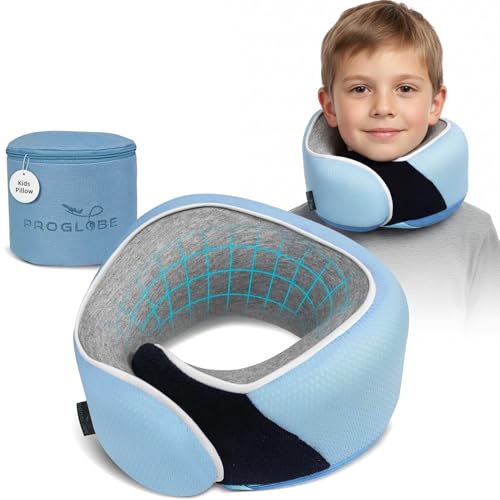 Image of Proglobe Junior Kids Travel Neck Pillow - Ergonomic Memory Foam Pillow for Airplane, Car, Booster Seat - Soft, Washable, Compact Travel Pillow with Strap - Light Blue - Ages 4-13