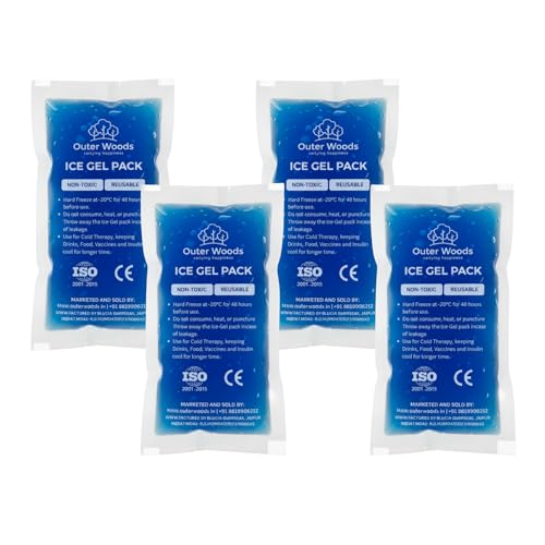 Outer Woods Reusable Ice Gel Packs for Cooler Bags, Breast Milk & Pain Relief - Non-Toxic Leak-Proof Cold Gel Pads for Picnic, Travel, Vaccine, Insulin, Food & Drinks - Hard Freeze Long Lasting Blue