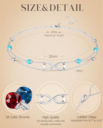 Image of FANCIME Ankle Bracelets For Women, 925 Sterling Silver Infinity Layered Anklet Adjustable Turquoise Beaded Chain Beach Jewelry Mothers Day Gifts for Women