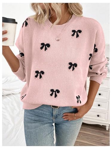 Women's Y2K Bow Print Sweater Crewneck Long Sleeve Drop Shoulder Knit Pullovers Sweaters4