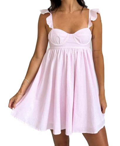 Image of NUFIWI Y2K Ruffle Hem Babydoll Mini Dresses Square Neck Spaghetti Strap Short Dresses Boho Flowy Patchwork Sundress Vocation