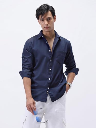 Image of Urbano Fashion Men's Cotton Full Sleeve Regular Fit Casual Solid Slub Shirt with Spread Collar