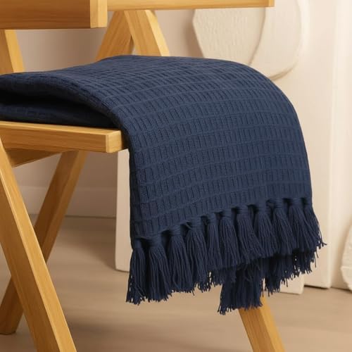 Image of 100% Cotton Waffle Weave Sofa Throw Blanket 50x60 Inches or 125x150 cms Lightweight, Soft & Breathable Couch, Bed or Chair Throw Blanket for Living or Bedroom, Navy Blue