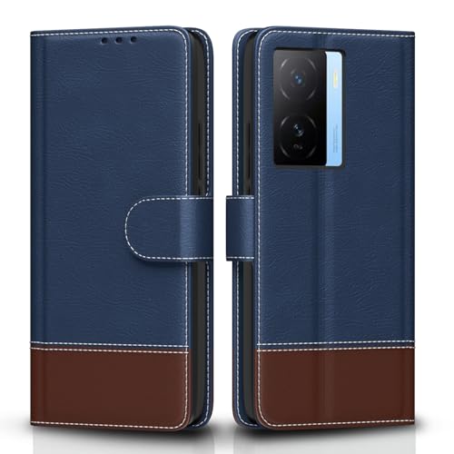 Image of Amazon Basics Flip Cover for iQOO Z7 5G / iQOO Z7s 5G | Wallet Style & Stand | Dual-Tone PU Leather Finish | Magnetic Flip Case (Blue & Brown)
