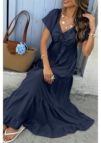 ECOWISH Womens Summer Maxi Dress 2025 Flutter Short Sleeve V Neck Tie Front Wedding Guest Vacation Tiered Flowy Dresses3