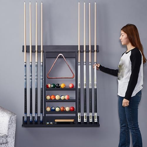 ZK Wall Mount Pool Cue Rack - Durable Billiard Stick Holder for 8 Cues & Full Set of Balls, Ideal for Game Room, Bar, Club & Home Décor (Black)