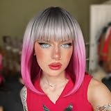 FANCEE Ombre Hot Pink Bob Wig with Bangs Y2k Black Gray Pink 3 Tones Wig Short Bob Blunt Cut Wig for Women Straight Hair Shoulder Length Curly Ends Wig for Party Daily Costume Use(12 Inch)