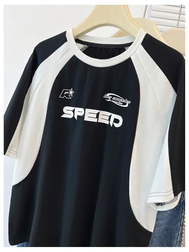 MakeMeChic Girl's Letter Graphic Colorblock T Shirt Crew Neck Ralgan Short Sleeve Oversized Tee Top4