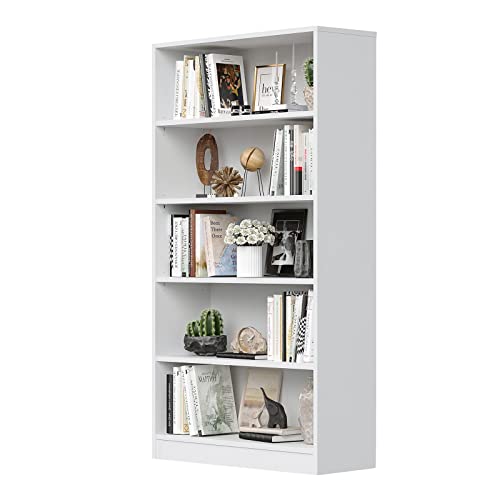 Wood Bookcase 5-Shelf Freestanding Display Wooden Bookshelf For Home Office School (11.6" D*33" W*59.8" H,White) #TOP29