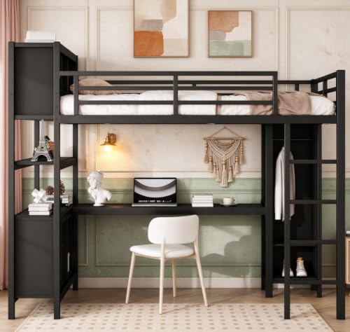 Image of Bellemave Full Loft Bed with Desk, Wardrobe, Storage Cubes and Shelves, Metal, Black