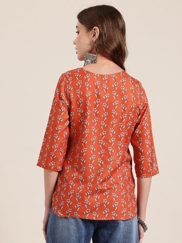 Image of Pinkmint Women's Printed Cotton Blend Short Kurti with 3 /4th Sleeve & Notch Neck l Casual & Office Wear Tunic Shirt Kurti