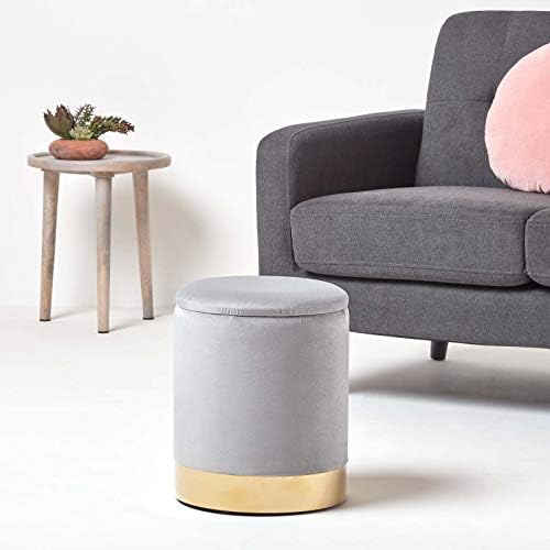 HOMESCAPES Silver Grey Velvet Pouffe Modern 38 cm Tall On-Trend Storage Footstool with Lid and Gold Metal Trim Brass Base Multifunctional Upholstered Clarence Footrest Ottoman Stool Seat
