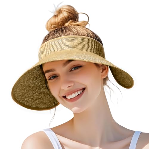 powerking Sombreros Plegables con Visera para Mujer, protección Solar, Sombrero de Playa de Paja de ala Ancha, Sombreros de Verano Vacaciones de Verano