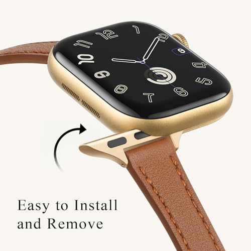 Image of STIROLL Slim Leather Bands Compatible with Apple Watch Band 49mm 46mm 45mm 44mm 42mm(Series 3 2 1), Top Grain Leather Watch Thin Wristband for iWatch Ultra SE Series 11 10 9 8 7 6 5 4(Brown Gold)