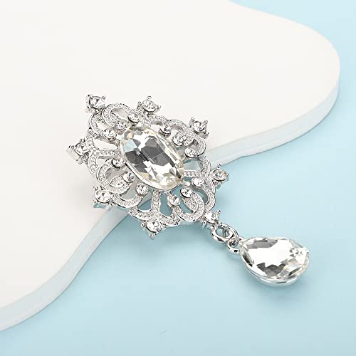 Image of Kercisbeauty Banquet Teardrop Dangle Silver Brooch for Suit Derss Unisex Sparkle Brooches Wedding Prom Special Occasion Jewelry(Silver)