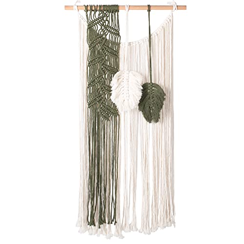 Image of Leaves Macrame Wall Hanging Boho Macrame Feather Wall Decor Yarn Wall Hanging Tapestry Handmade Woven Boho Nursery Decor Large Leaf Wall Art for Room Home Bedroom, Green and White, 15.7 x 38.1''