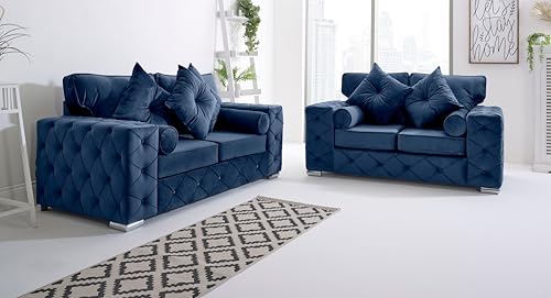 Sofahub Milton Blue Plush Velvet Living Room Sofa Set - Button Tu...
