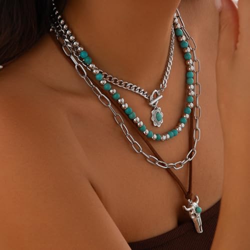 Western Necklaces for Women Layered Turquoise Beaded Boho Necklace Vintage Western Jewelry for Women Concert Country Necklaces Ox-Head Cow Cowboy Cowgirl Accessories3