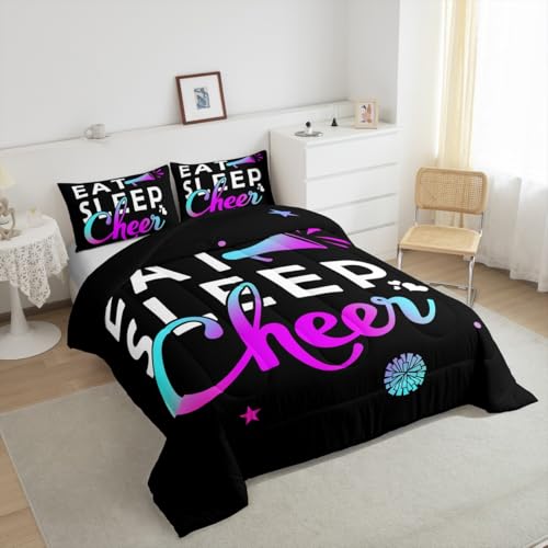Image of Feelyou Girls Cheerleading Comforter Set Toddler Size for Girls Boys Eat Sleep Cheer Comforter Gymnastics Dancing Lovers Bedding Set Cheer Sports Purple Blue Duvet Set Quilt 2Pcs