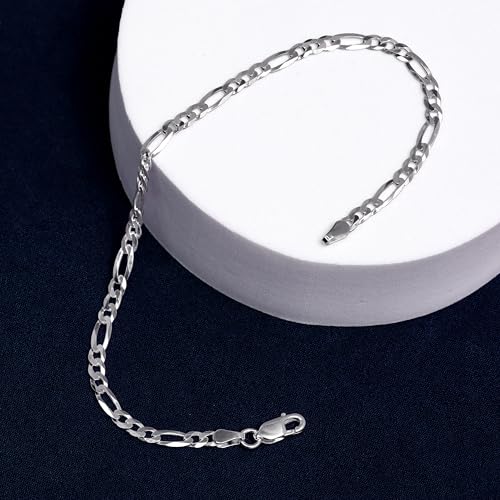 Image of TRUESILVER ACPL Solid 925 Sterling Silver Figaro Link Chain Bracelet | Italian Diamond-Cut 4MM Figaro Chain Bracelet for Women Men (7, 7.5, 8, 8.5, 9 Inches)