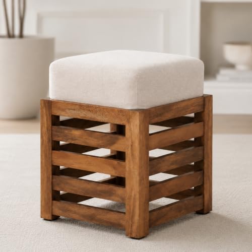 Image of Multipurpose Wooden Puffy with Footrest, Dressing Table, and Solid Wood Stool with Cushion for Living Room, Bedroom, Balcony, etc.