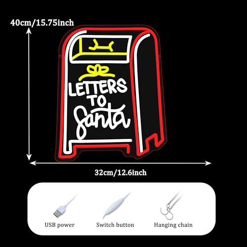 Image of GNVETZLL Letters to Santa Neon Sign Christmas Letter Box Light up Sign Santa Neon Light Sign for Christmas Party Bedroom New Year Bar Wall Decorations(15.75 * 12.6In)