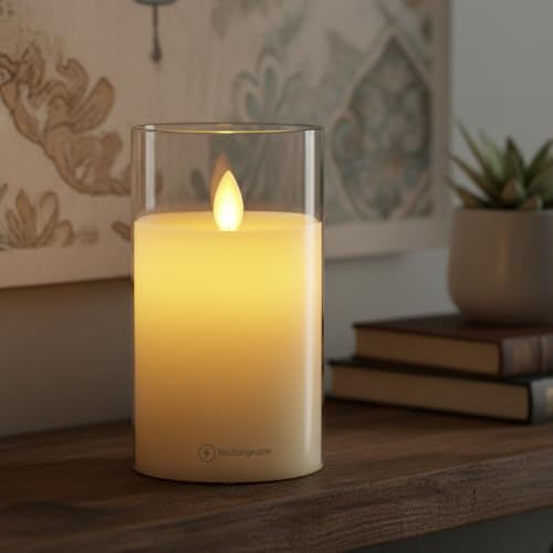 Image of LTETTES Real Wax LED Glass Pillar Flameless Rechargeable Candles | White Glass | USB Type-C Wireless Charging Cable | Remote Control Included | Home Decor & Gifting | Set of 1 (7.5 x 15.8 cm)